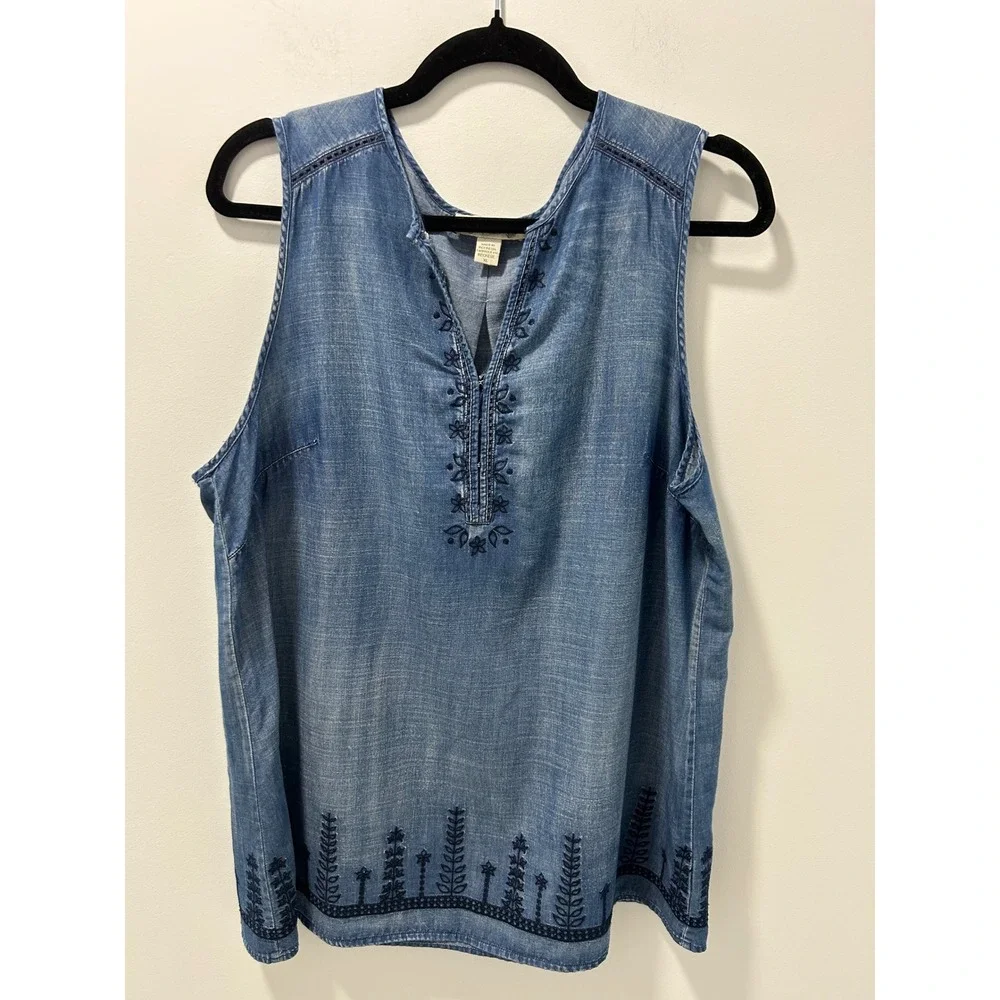 Vintage America Blues Women XL Chambray Embroidered Sleeveless Top Blue Blouse